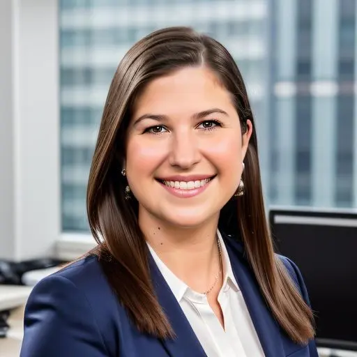 Professional portrait of a smiling woman in an office with cityscape background.