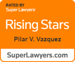 Rising Stars Badge for Pilar V. Vazquez rated by Super Lawyers on an orange background.